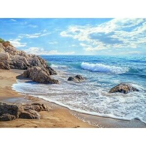 Coastal Seascape Print: Serene Beach Rocks, Ocean Waves - 16" tall x 20 " wide